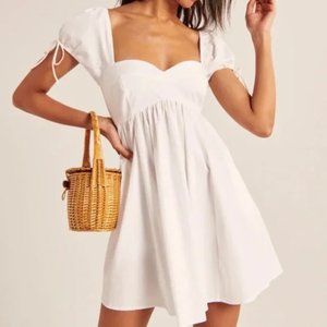 Puff Sleeve Babydoll Mini Dress - White - L